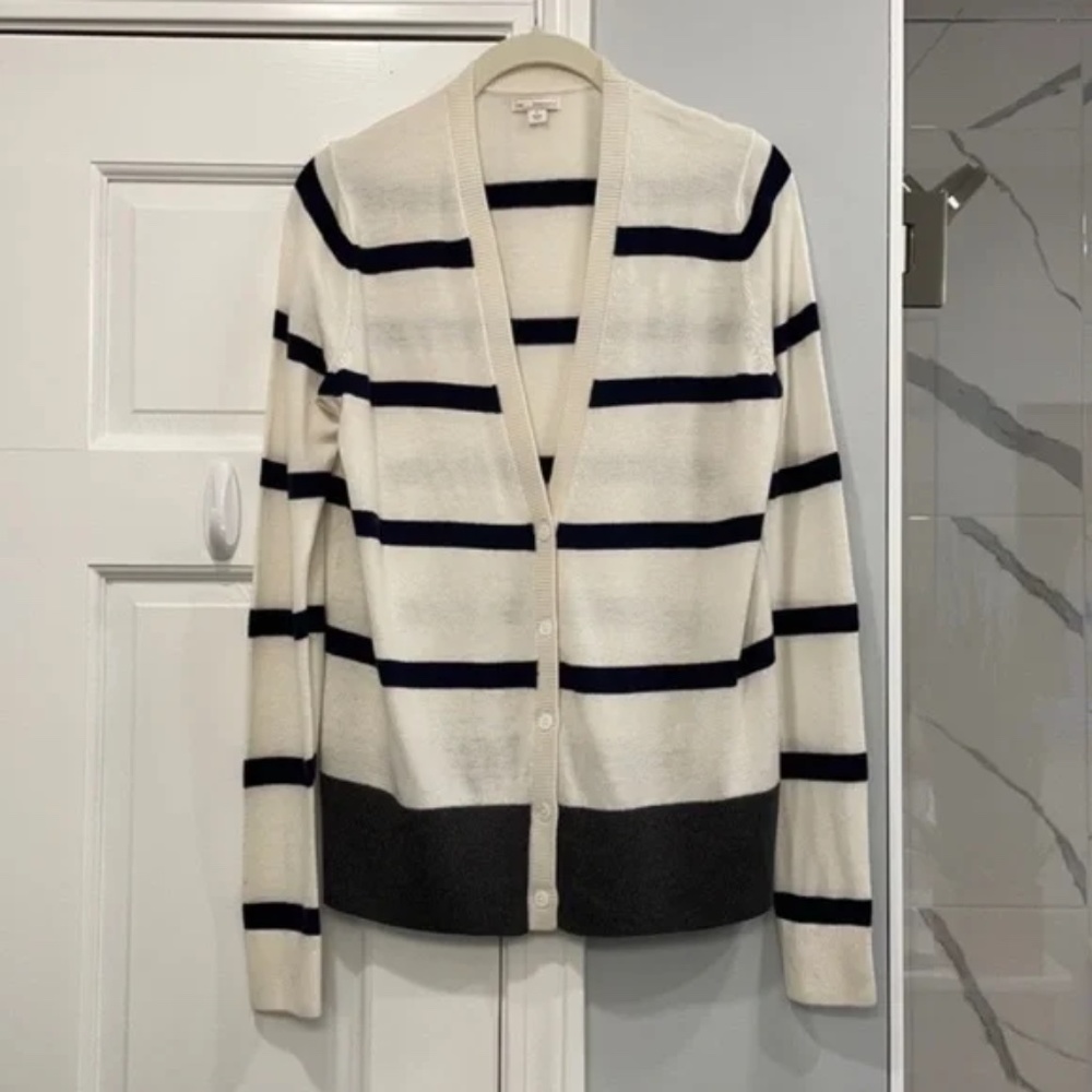 GAP Off-White, Navy, and Gray Striped V-neck Cardigan
